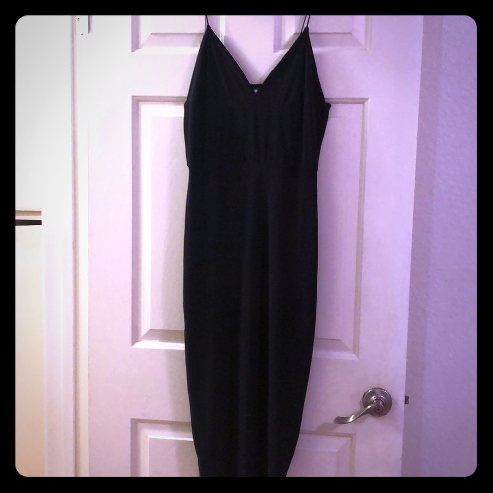 Long black slinky thin strap stretch midi dress